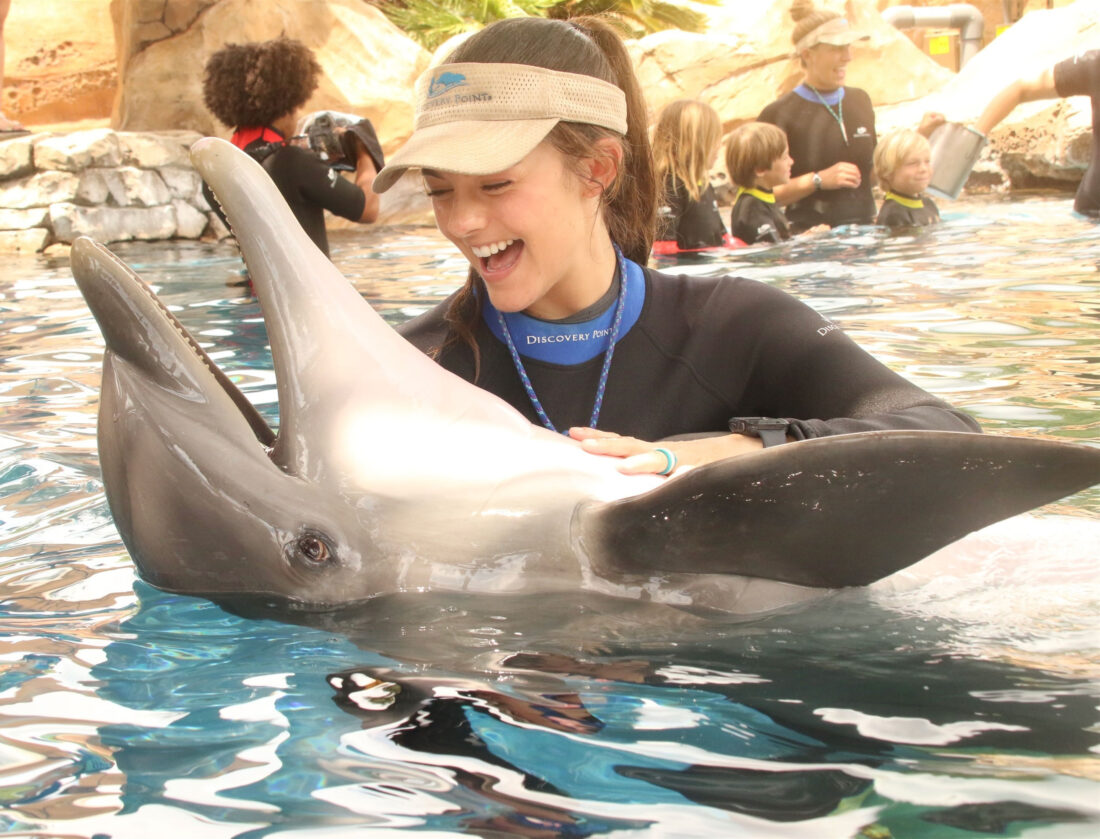 Abbie Dyer ’16 in the water with a dolphin.