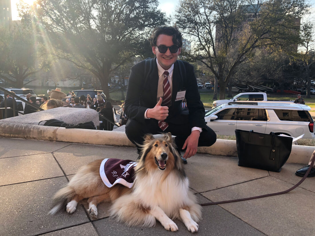 Ashton Whittington ’25 with Texas A&M mascot Reveille X.