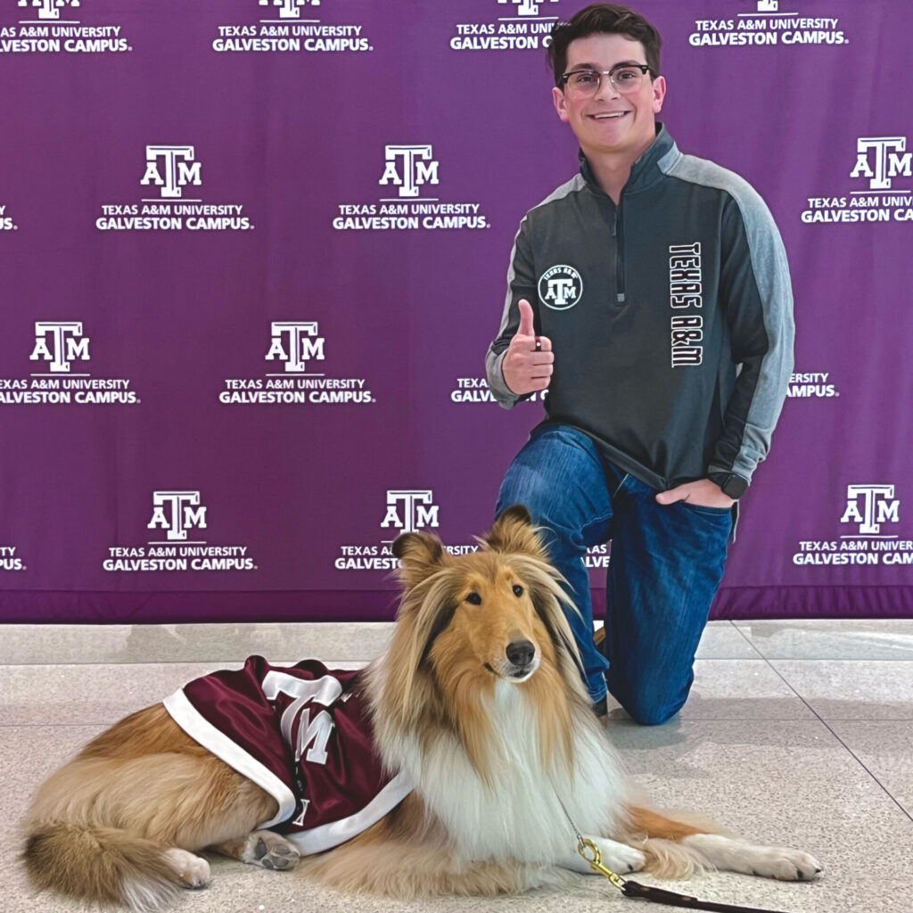 Caden Smith ’26 with Texas A&M mascot Reveille X.