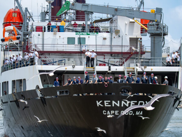 Gulls flying in front of TS Kennedy during sail away 2024