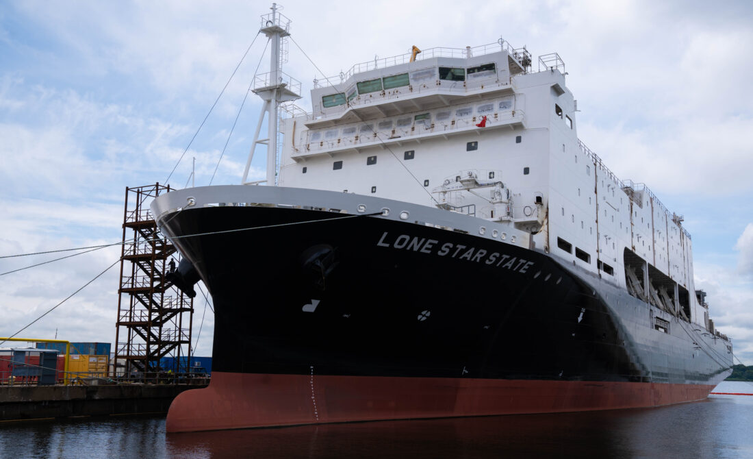 TS Lone Star State in an outfitting dock at Hanwha Philly Shipyard