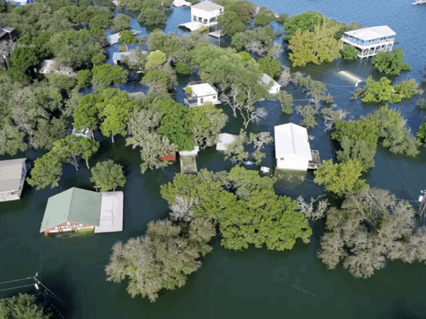 Aerial shot of flooded houses and trees